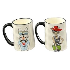 Signature Ceramic Art Mugs Dog and Cat 17.5 oz Mugs Set of 2